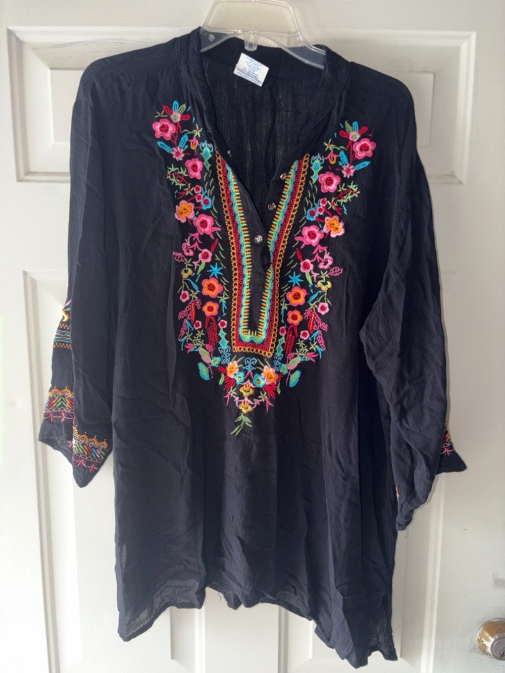 Black Embroidered V-Neck Women's Tunic Top